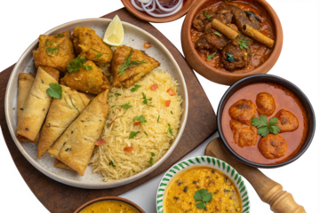 Arabic Ramadan foods collection top view fried rolls chicken biryani kofta pakora korma butter chicken chicken curry samosa fish curry Ramadan Kareem Iftar food dishes set isolated