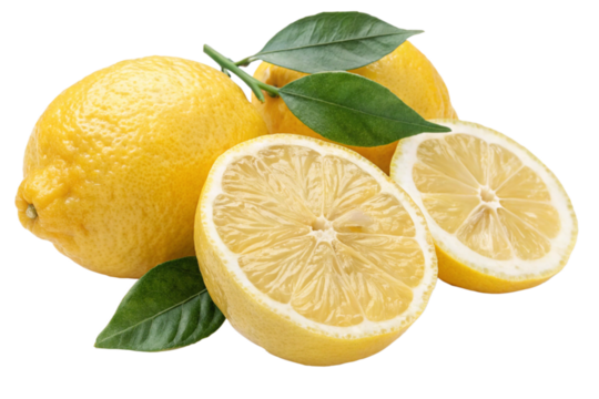 Ripe lemon fruit with leaves half and slice isolated fresh and juicy lemon collection cut out