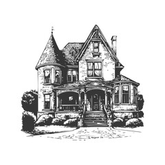 Victorian House Architecture Black And White Silhouette Illustration. Historic Charm And Elegance In Residential Design Isolated Vector Illustration