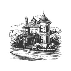 Fototapeta premium Victorian Mansion With Tower And Garden Black And White Silhouette Illustration. Architectural Elegance And Historical Charm. Isolated Vector Illustration