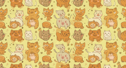 Adorable Cartoon Cats Seamless Pattern Cute Kittens Watercolor Style Pastel Yellow Background