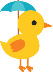 Little duck with umbrella in rainy weather scene vector art illustration