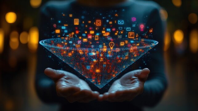 Holographic data funnel held in cupped hands - Powered by Adobe