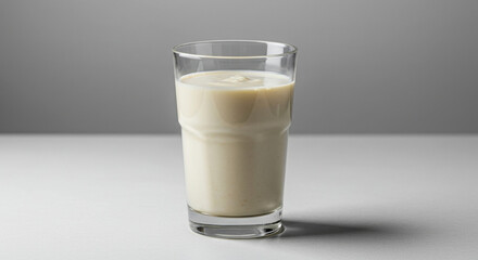 Glass of dairy drink standing on a plain white surface against a gray background. Full glass of creamy beverage presented for a food photography/product shot.