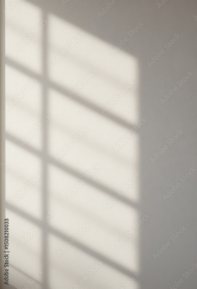 Poster soft natural light casting geometric shadows from window onto light colored wall in minimal setting
