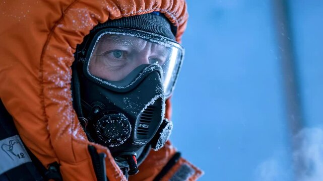 Close-up of a person in a winter coat and mask, breathing in a snowy environment, with frosty air visible