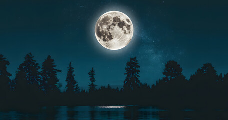 A bright full moon illuminates the night sky over a mystical forest