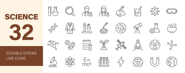 Science icon set. Containing laboratory, equipment, scientist, biology, experiment, research, physics, chemistry and more. Editable line icons. Vector illustration.