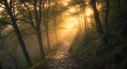 Obraz premium Mystical Sunrise Path Sunbeams Through Foggy Forest Trail