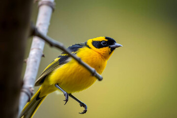 Bright Yellow Tanager Perched on a Tree Branch, Displaying Its Vibrant Yellow Plumage in a Tranquil Natural Setting, Vibrant Wallpaper