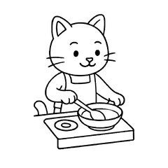 Cat cooking on stove cartoon black and white illustration