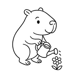Cute cartoon capybara is watering plants illustration for kids