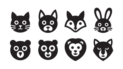 Black and White Animal Faces Icons Vector Illustration Cute Wildlife Portraits for Children's Designs
