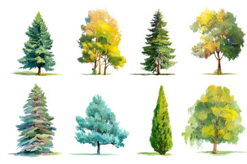 Fototapeta premium Variety of trees: coniferous and deciduous illustrations, cut out