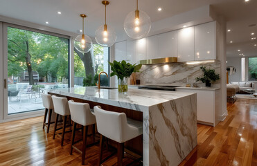 Modern kitchen boasting marble island and patio access illuminating elegance
