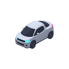 3D self-driving car icon in isometric view, modern silver car with glowing blue sensors and radar lines, clean design with soft lights and shadows, autonomous vehicle on transparent background