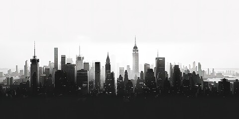 Naklejka premium Monochromatic New York skyline silhouette, urban cityscape with skyscrape