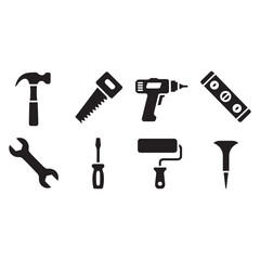 Black and White Construction Tools Icons Vector Illustration Handyman Equipment for Building and Repair