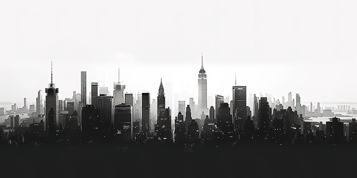 Monochromatic New York skyline silhouette, urban cityscape with skyscrape