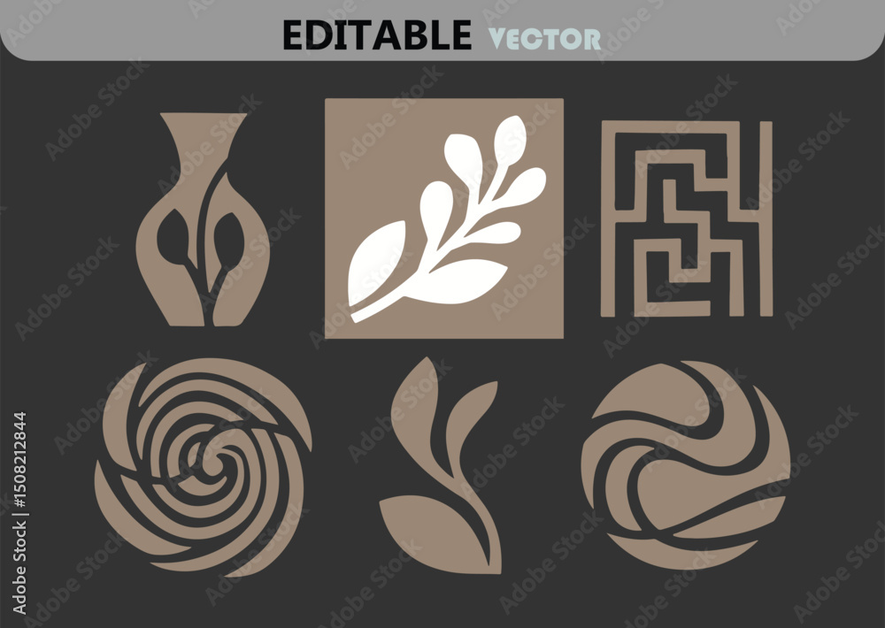 Poster abstract vector design elements with botanical and geometric motifs in neutral tones for branding an