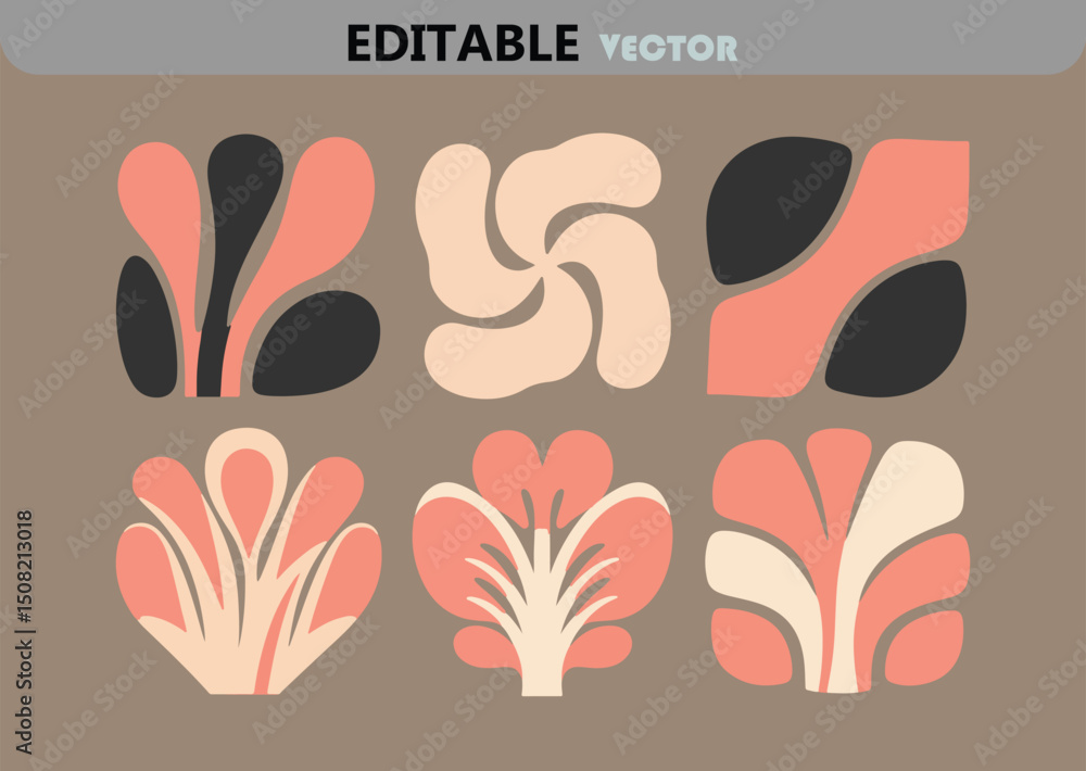 Poster abstract vector set of six decorative elements in retro style with floral and geometric shapes for g