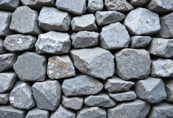Close up view of a textured rough natural stone wall made of gray irregular rocks