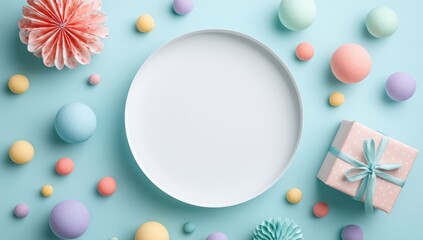 Pastel-toned, empty, round plate, surrounded by colorful balls, gift, and paper decorations on a light teal background