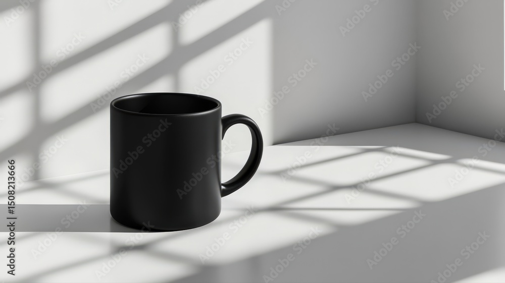 Poster black ceramic coffee mug placed on white table with shadow patterns in minimalist setting