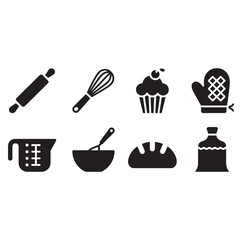 Flat Vector Icons Set Baking Cooking Utensils Black Silhouettes on White Background Rolling Pin Whisk Cupcake Glove Measuring Cup