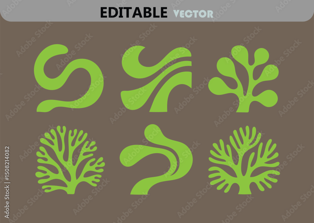 Poster abstract green seaweed vector set on brown background with six different shapes for creative design 