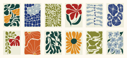 Plakat Botanical doodle background art vector set. Flower and leaves abstract shape doodle art design for print, wallpaper, clipart, wall art for home decoration.