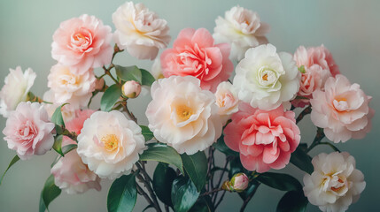 Obraz premium watercolor botanical Camellia flowers texture template background.Elegant wedding invitation card background . Minimal hand painted Design for wedding or Valentine's Day