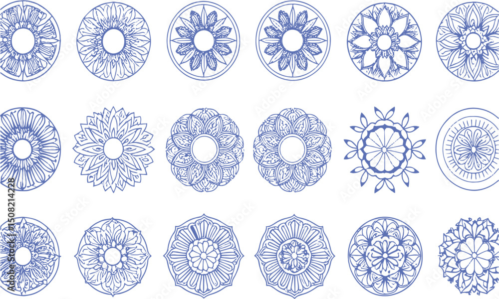 Poster a collection of intricate circular mandala designs in a modern vector art style, easily salable and 