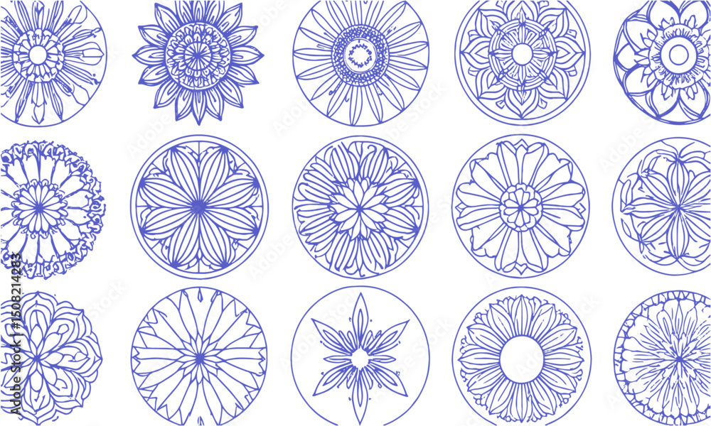 Poster a collection of intricate circular mandala designs in a modern vector art style, easily salable and 