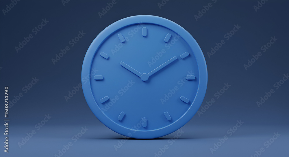 Poster blue clock icon with time shown in a minimal, modern setting. timepiece in a simple, three-dimension