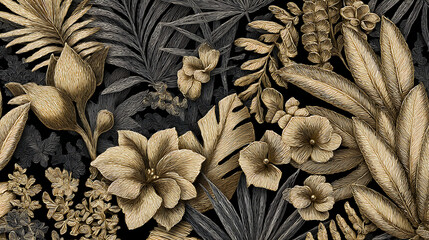 Exotic Golden Tropical Pattern on Dark Background