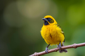 Obraz premium Bright Yellow Tanager Perched on a Tree Branch, Displaying Its Vibrant Yellow Plumage in a Tranquil Natural Setting, Vibrant Wallpaper