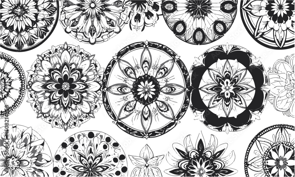 Poster a collection of intricate circular mandala designs in a modern vector art style, easily salable and 