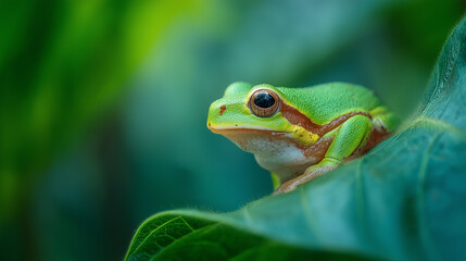 Naklejka premium A vibrant tree frog rests on a tropical leaf, embodying nature's delicate beauty. Series.