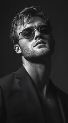 Obraz premium Dramatic Black and White Portrait of Man Wearing Sunglasses and Suit