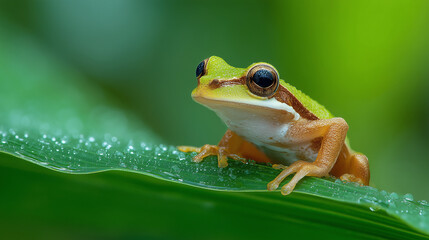 A vibrant tree frog rests on a tropical leaf, embodying nature's delicate beauty. Series.