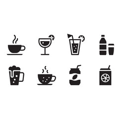 Silhouette Style Beverage Icons Set Vector Illustration. Diverse Drink Pictograms for Menu Design and Cafe Branding Projects.
