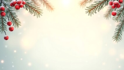 Festive Christmas Background with Holly Berries and Pine Branches