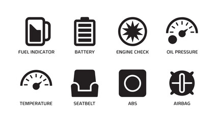 Solid Style Car Dashboard Indicator Icons Set Vector Illustration for Automotive Maintenance and Safety