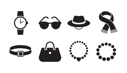 Solid Style Personal Accessories Icons Set Vector Illustration for Lifestyle and Retail Designs