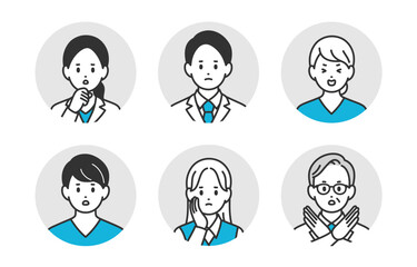 ネガティブな医者･看護師･医療事務の男女顔アイコンセット【人物ベクターイラスト素材】