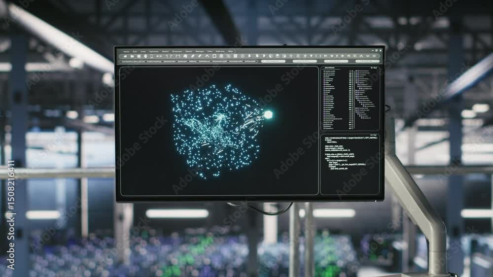 Poster elevated industrial data center control station screen showing analytics from servers powering ai ap