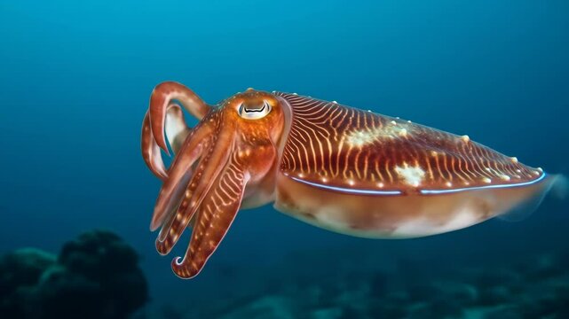 Close up underwater footage of a colorful cuttlefish swimming in ocean habitat showcasing its movement and texture