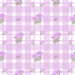 A seamless purple checkered pattern with small lavender flowers. Perfect for fabric, wallpaper, or stationery design. Soft, cute, and vintage-inspired.