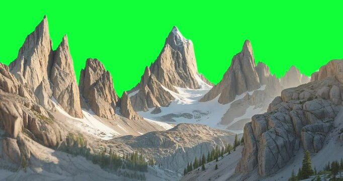 4K Mountain Range Animation Green Screen Chroma Key - Realistic CGI Landscape Video Loop for VFX, Film & Virtual Production - Alpine Peak Scenery